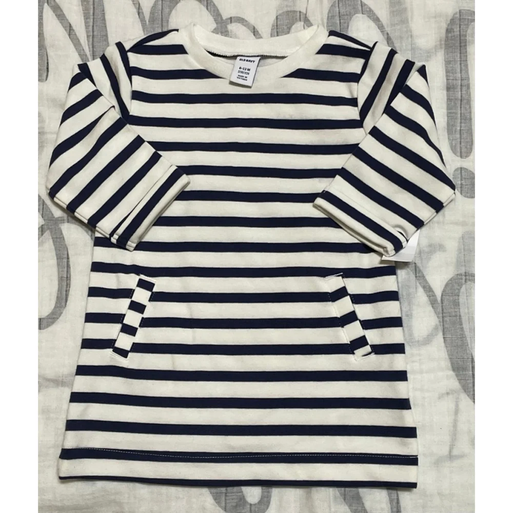 Baby Old Navy 6-12 months Long Sleeve dress White Navy Blue Striped